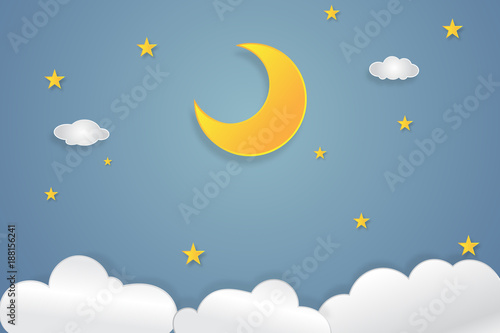 Half moon, clouds and stars in the night as paper art and craft style concept. vector illustrator.