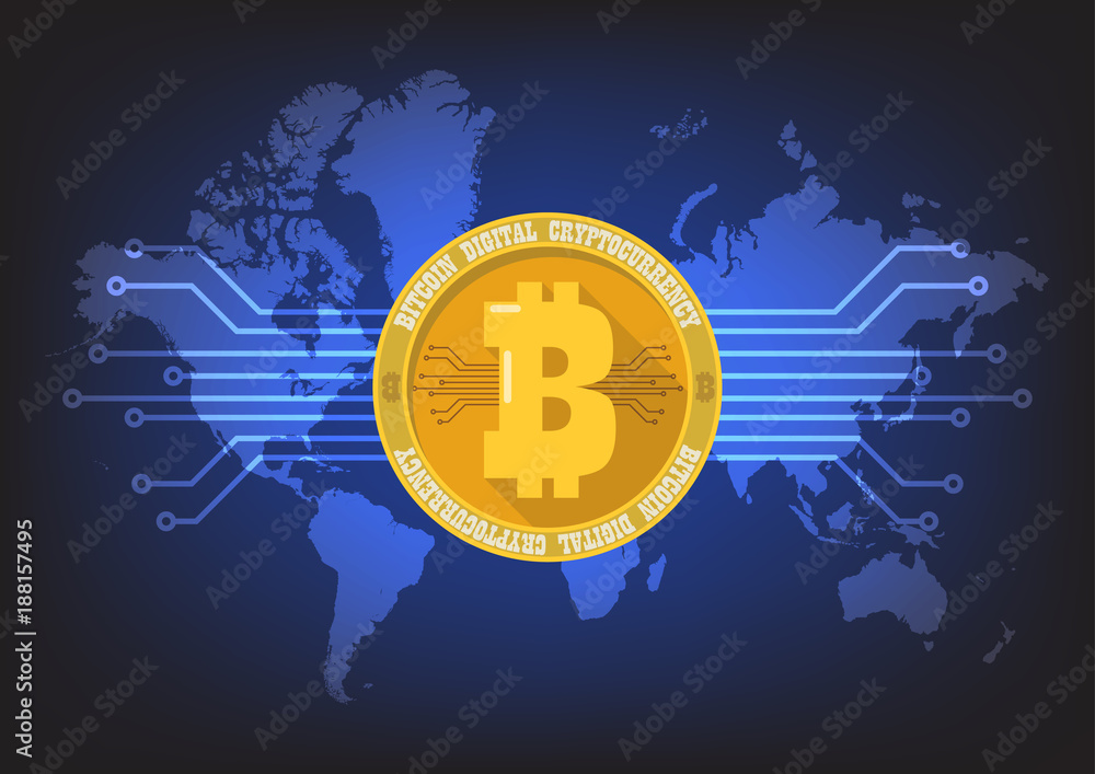Bitcoin digital cryptocurrency with world map background Bitcoin digital cryptocurrency with world map background