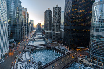 Chicago downtown river bridges and buildings skyline