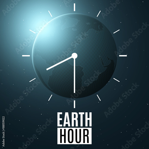 Earth Hour. Futuristic planet earth in space with a clock. 60 minutes without electricity. Sunrise with a blue glow. Global holiday. Abstract world map. Space and stars. Vector