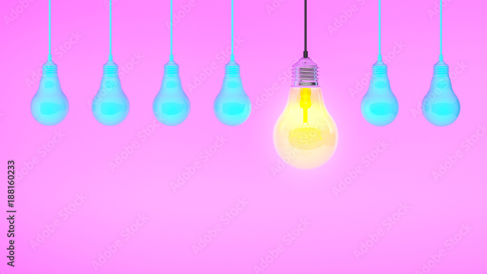 Hanging light bulbs with glowing one different idea on pink background , Minimal concept idea.3d rendering. 3d illustration.