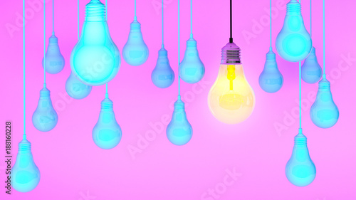 Hanging light bulbs with glowing one different idea on  background , Minimal concept idea.3d rendering. 3d illustration.