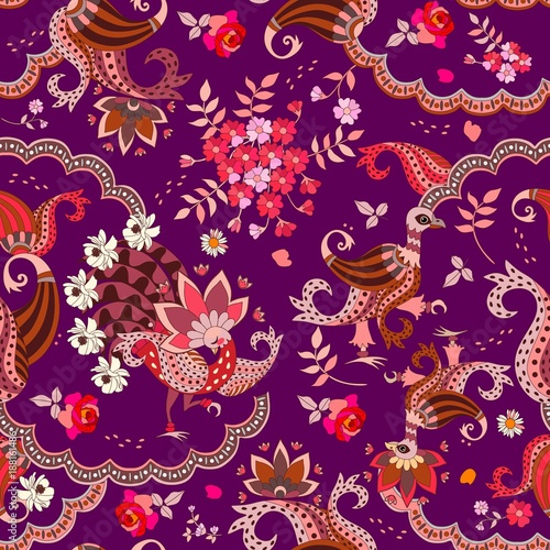 Ethnic buta floral pattern with unusual bird in vector. Mexican, indian, chinese motives.