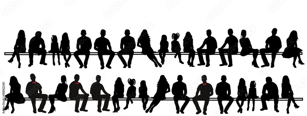 vector, isolated silhouette of men, girls and children sitting
