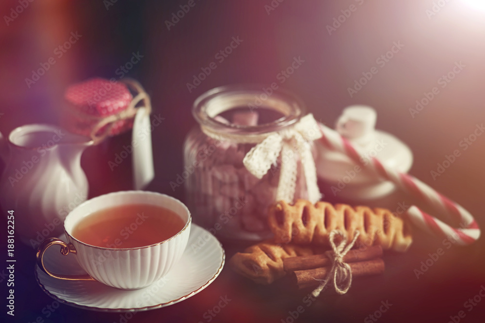 Set for breakfast. Sweets and pastries with nuts for tea on a bl Set for breakfast. Sweets and pastries with nuts for tea on a bl