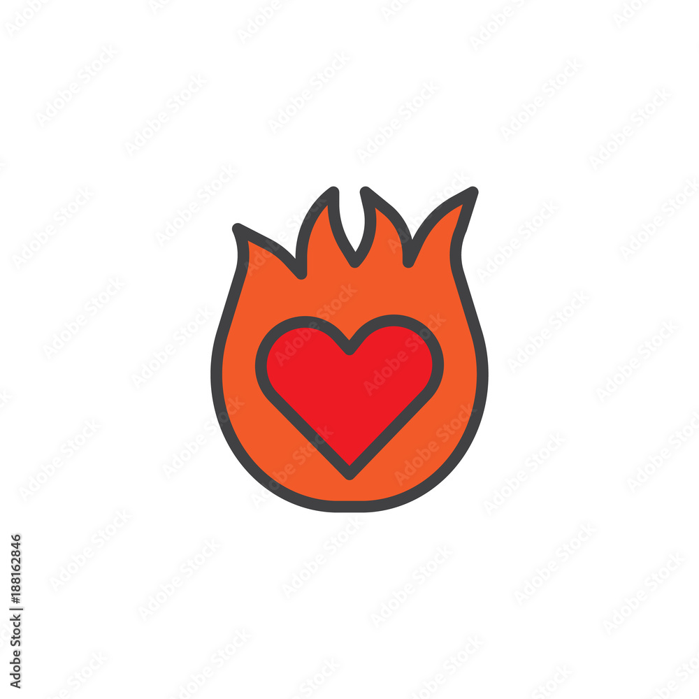 Burning heart filled outline icon, line vector sign, linear colorful pictogram isolated on white. Heart in passion symbol, logo illustration. Pixel perfect vector graphics Burning heart filled outline icon, line vector sign, linear colorful pictogram isolated on white. Heart in passion symbol, logo illustration. Pixel perfect vector graphics