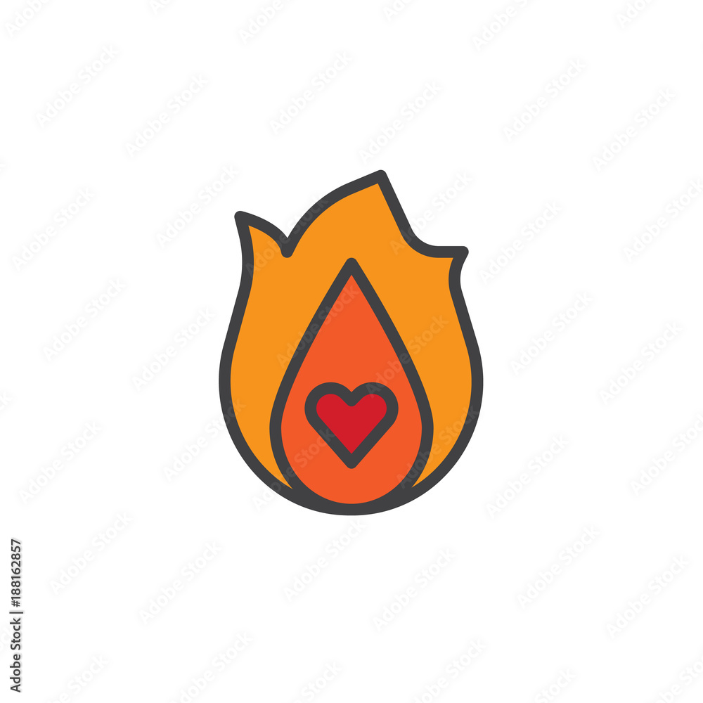 Burning heart filled outline icon, line vector sign, linear colorful pictogram isolated on white. Heart flame symbol, logo illustration. Pixel perfect vector graphics Burning heart filled outline icon, line vector sign, linear colorful pictogram isolated on white. Heart flame symbol, logo illustration. Pixel perfect vector graphics
