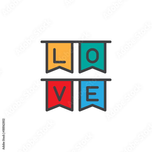 Party flags wth love text filled outline icon, line vector sign, linear colorful pictogram isolated on white. Valentines day symbol, logo illustration. Pixel perfect vector graphics