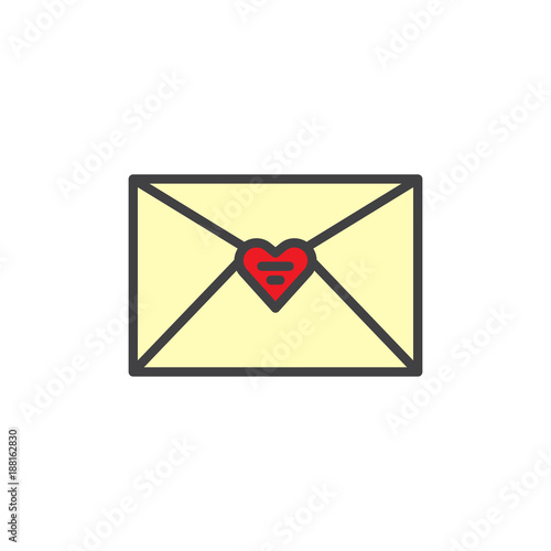 Love envelope filled outline icon, line vector sign, linear colorful pictogram isolated on white. Envelope with red heart symbol, logo illustration. Pixel perfect vector graphics