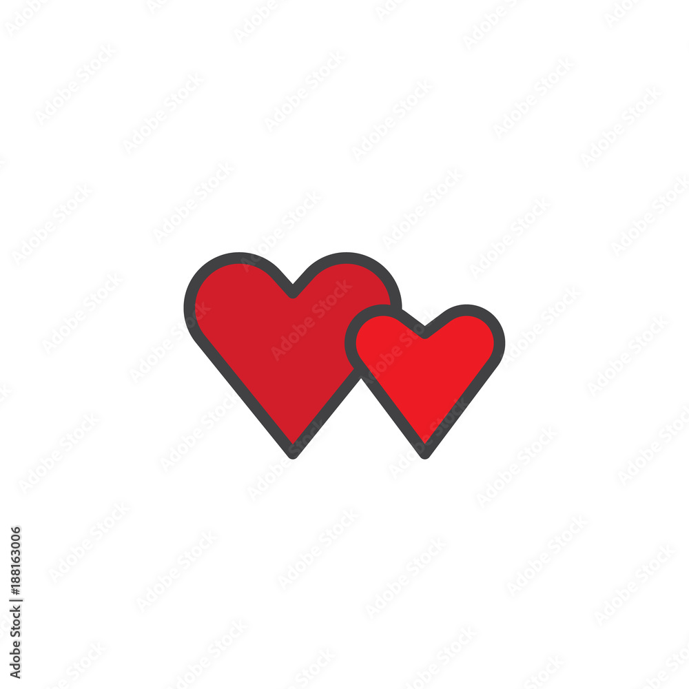 Two Valentine hearts filled outline icon, line vector sign, linear colorful pictogram isolated on white. Couple red heart symbol, logo illustration. Pixel perfect vector graphics Two Valentine hearts filled outline icon, line vector sign, linear colorful pictogram isolated on white. Couple red heart symbol, logo illustration. Pixel perfect vector graphics