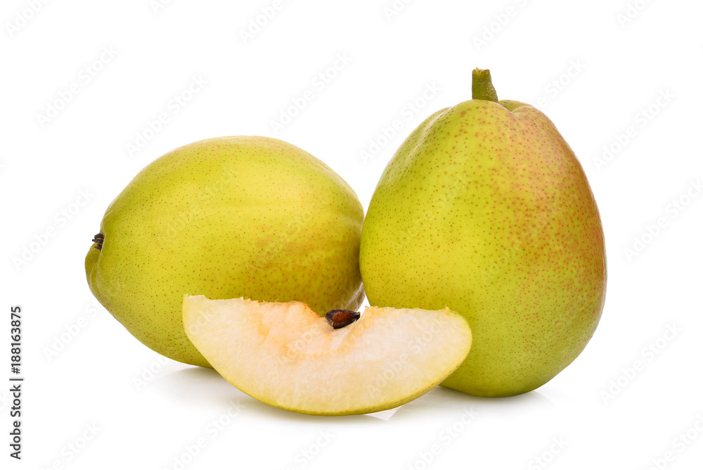 two whole and slice fragrant green pear isolated on white background two whole and slice fragrant green pear isolated on white background