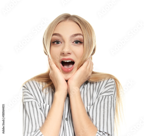 Young funny woman on white ...