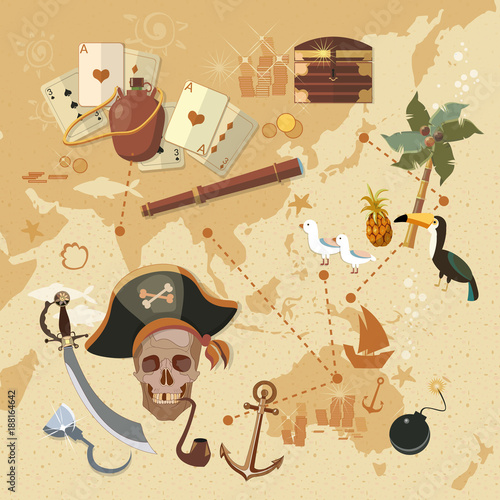 Pirate treasure map sea adventures. Old map of pirate treasure island vector illustration
