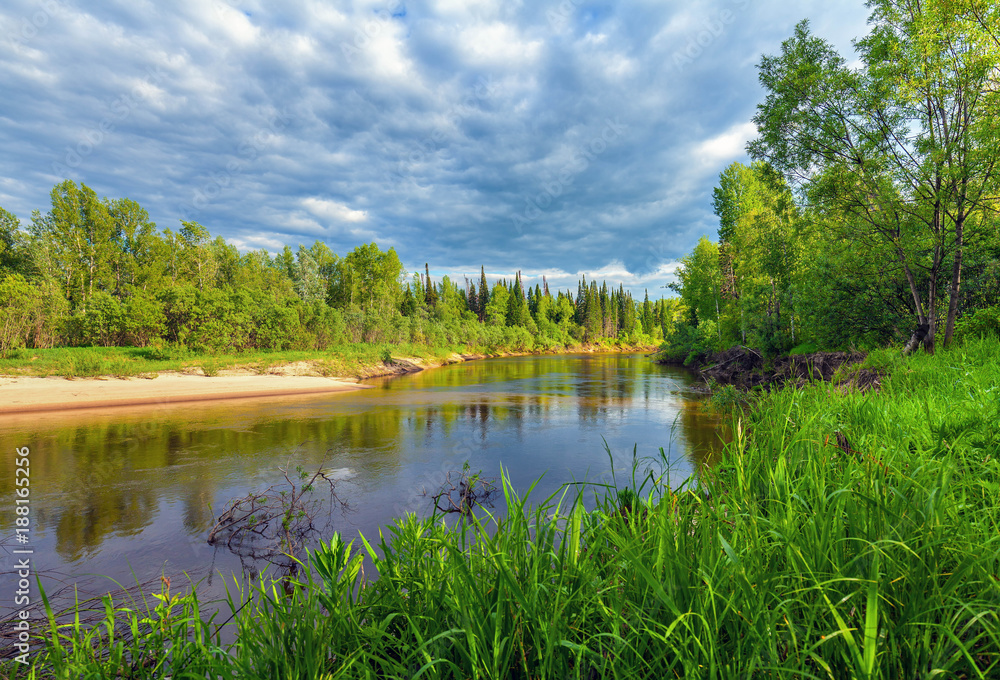 Beautiful summer landscape with Siberian nature. River Chet in the Tomsk region.