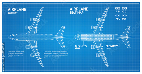 Airplane Blueprint Plan Top View. Vector
