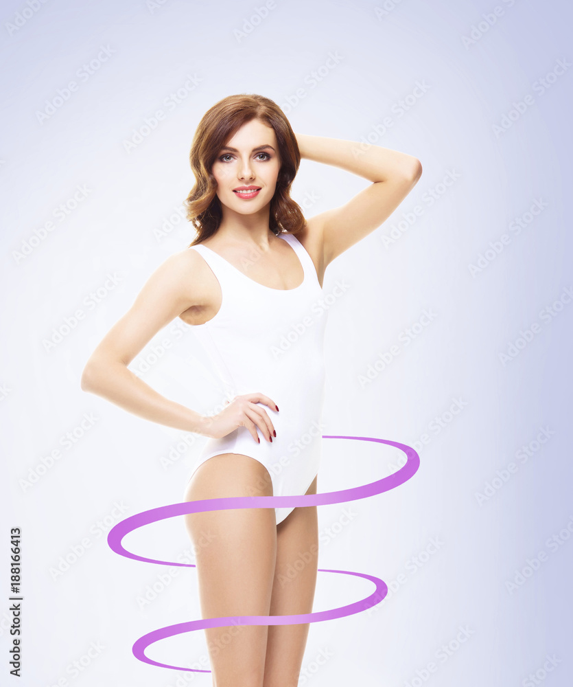 Naklejka premium Close-up of thin and beautiful female body. Weight loss, sports, exercising, water balance, healthy nutrition concept.