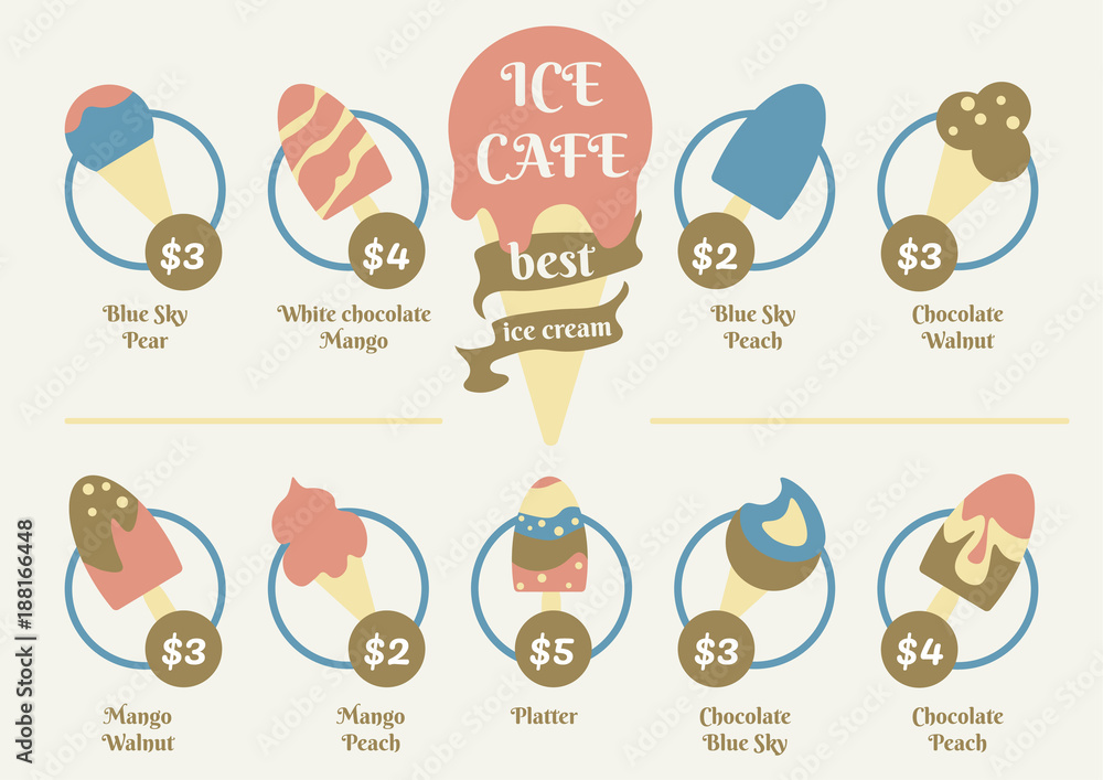 Menu food design for ice cream cafe. Sweet dessert creative decoration. Menu food design for ice cream cafe. Sweet dessert creative decoration.