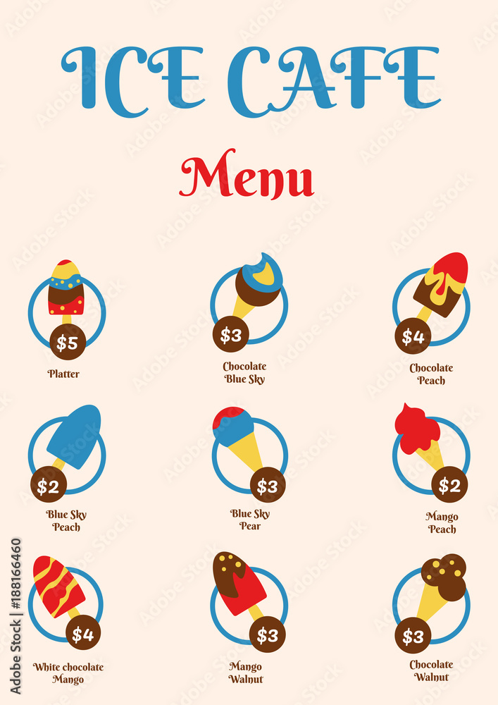 Menu food design for ice cream cafe. Sweet dessert creative decoration. Menu food design for ice cream cafe. Sweet dessert creative decoration.