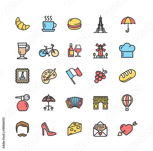 France Travel Signs Color Thin Line Icon Set. Vector