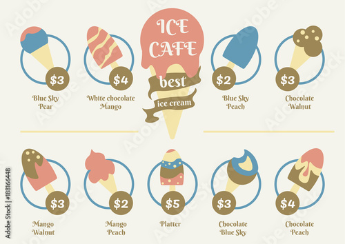 Menu food design for ice cream cafe. Sweet dessert creative decoration. 