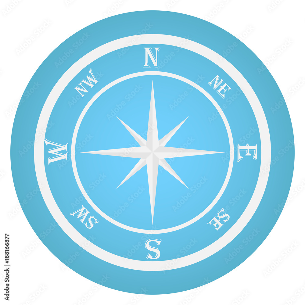 A realistic white compass on a blue background. A realistic white compass on a blue background.