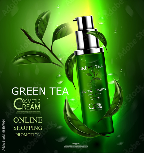 Luxury cosmetic Bottle package skin care cream, Green tea serum, Beauty cosmetic product poster, with Bokeh and Water background