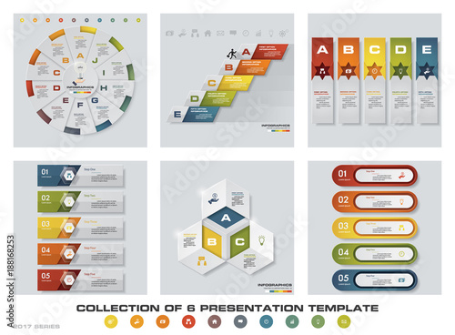 Collection of 6 design colorful presentation templates. EPS10. Set of infographics design vector and business icons.