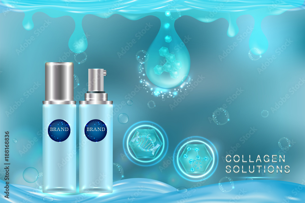 Cosmetic container with advertising background ready to use, blue liquid luxury skin care ad. Illustration vector. Cosmetic container with advertising background ready to use, blue liquid luxury skin care ad. Illustration vector.