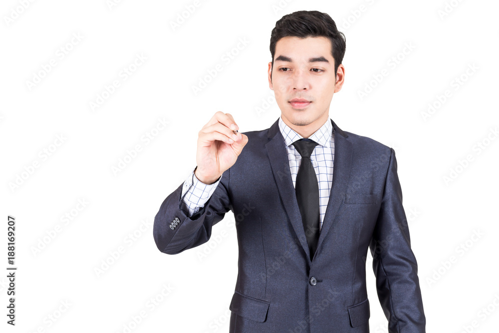 Businessman writing on virtual screen isolated on white background Businessman writing on virtual screen isolated on white background