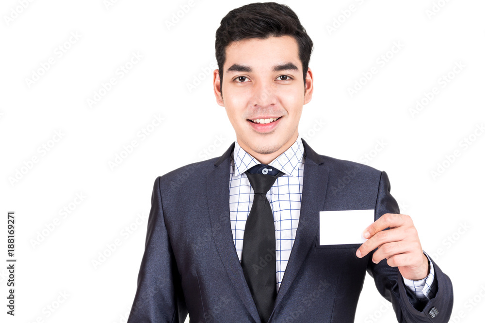 Businessman holding white business card isolated on white background Businessman holding white business card isolated on white background