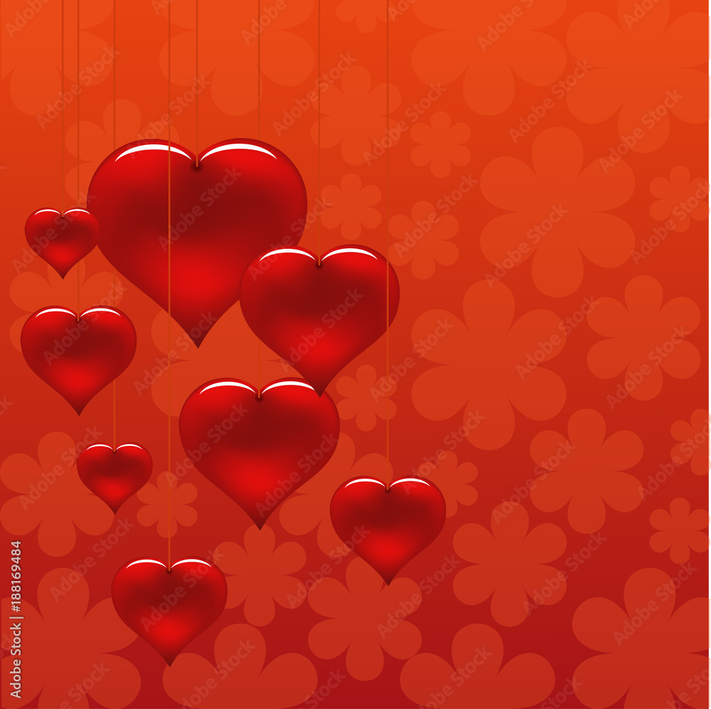 romantic floral background with hearts hanging on strings romantic floral background with hearts hanging on strings