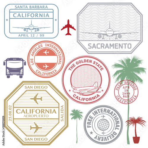 Retro postage USA airport stamps set California state
