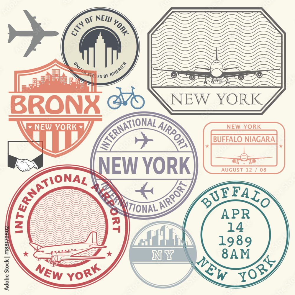 Retro Postage Usa Airport Stamps Set New York Stock Vector 