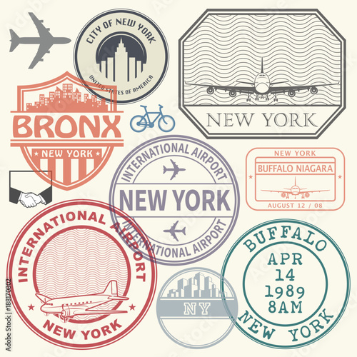 Retro postage USA airport stamps set New York photo