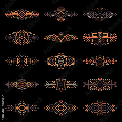 Collection of Hand Drawn Borders in Ethnic Style. Aztec art dividers. Trendy boho separators. Tattoo design.