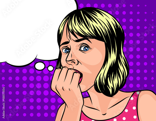 Vector illustration of a frightened girl in the style of pop art on a purple halftone background. Shocked face of a beautiful woman