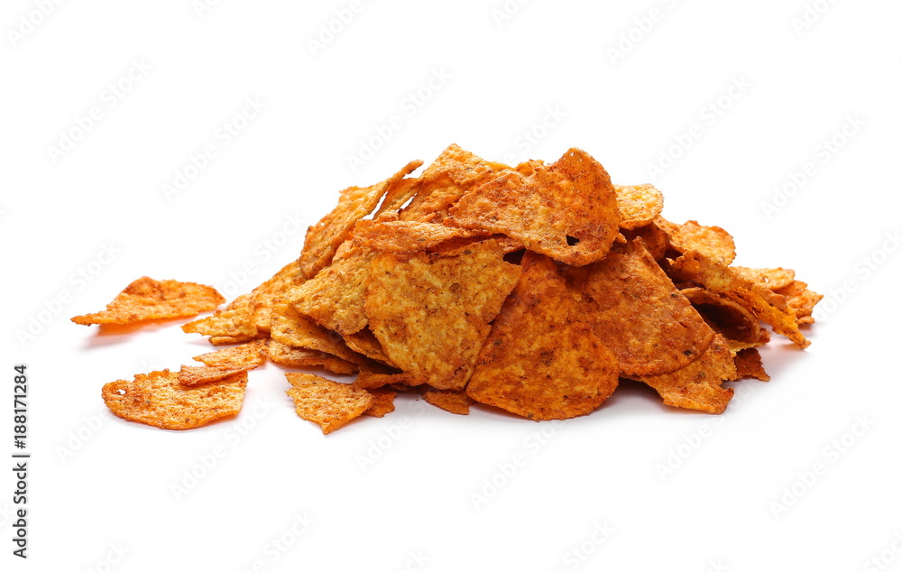 Chili tortilla chips pile isolated on white background Chili tortilla chips pile isolated on white background