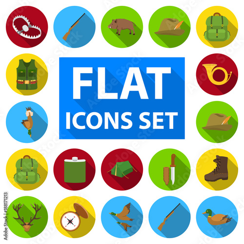Hunting and trophy flat icons in set collection for design. Hunting and equipment vector symbol stock web illustration.