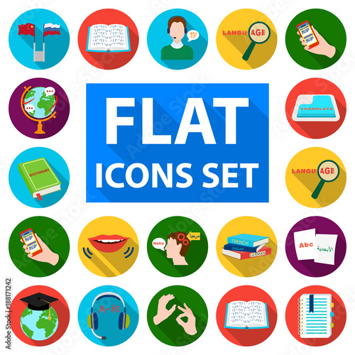 Translator and linguist flat icons in set collection for design. Interpreter vector symbol stock web illustration.