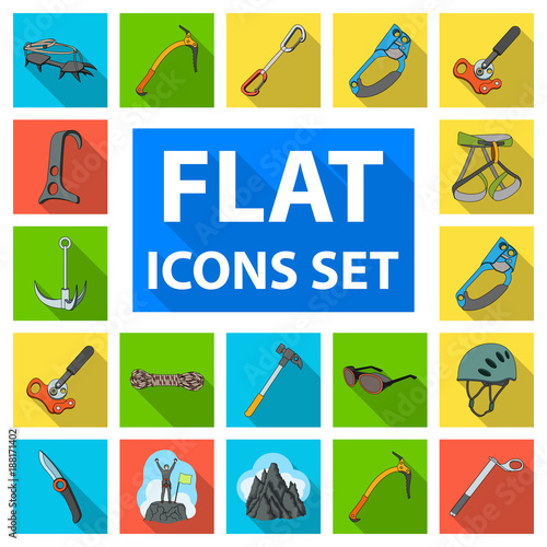 Mountaineering and climbing flat icons in set collection for design. Equipment and accessories vector symbol stock web illustration.