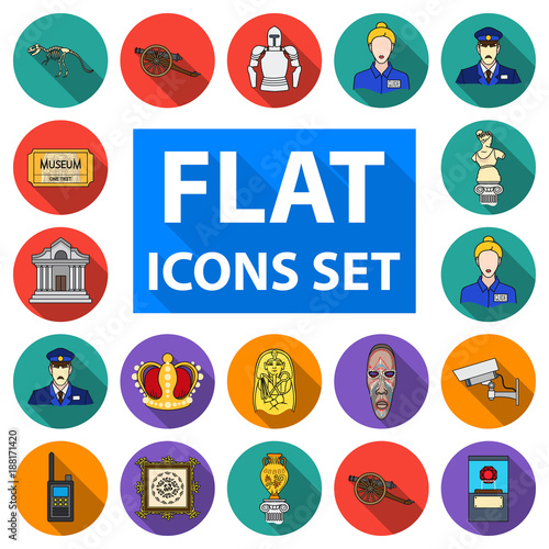 Museum and gallery flat icons in set collection for design. Storage and exhibition of showpiece vector symbol stock web illustration.