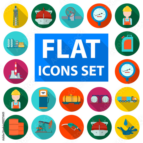 Oil industry flat icons in set collection for design. Equipment and oil production vector symbol stock web illustration.