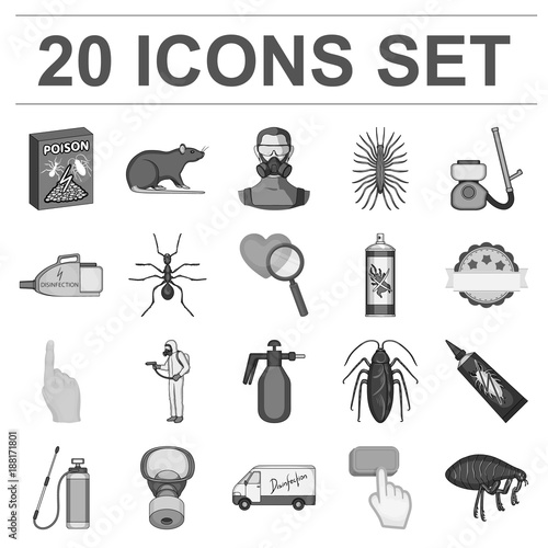 Pest, poison, personnel and equipment monochrome icons in set collection for design. Pest control service vector symbol stock web illustration.