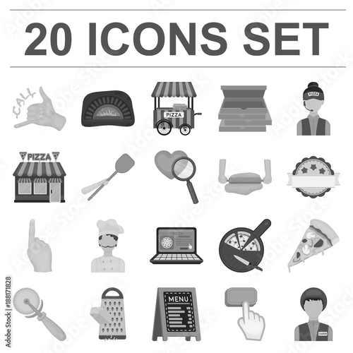 Pizza and pizzeria monochrome icons in set collection for design. Staff and equipment vector symbol stock web illustration.