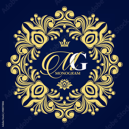 Decorative floral pattern. Gold graceful frame. Heraldic symbols. Monogram initials and exclusive calligraphic design elements. Vector business sign, identity for hotel, restaurant, jewelry, fashion.