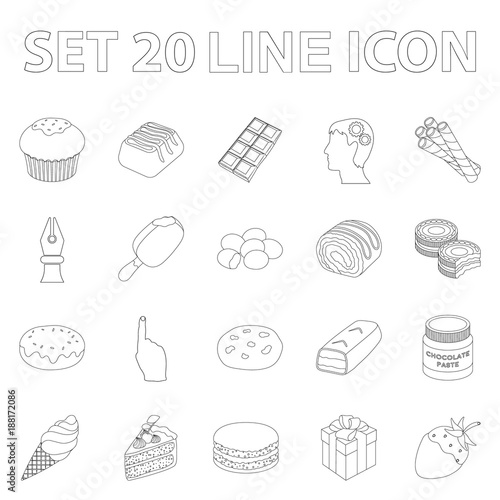 Chocolate Dessert outline icons in set collection for design. Chocolate and Sweets vector symbol stock web illustration.