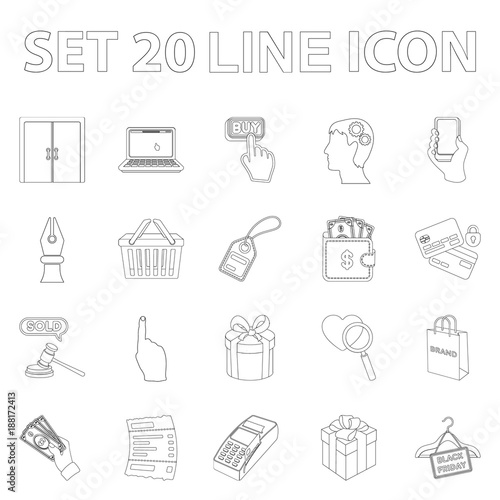 E-commerce, Purchase and sale outline icons in set collection for design. Trade and finance vector symbol stock web illustration.