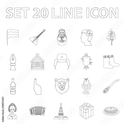 Country Russia, travel outline icons in set collection for design. Attractions and features vector symbol stock web illustration.