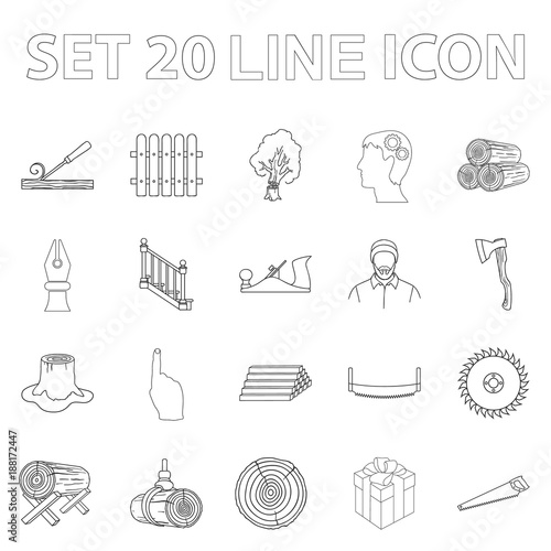 Sawmill and Timber outline icons in set collection for design. Hardware and Tools vector symbol stock web illustration. photo