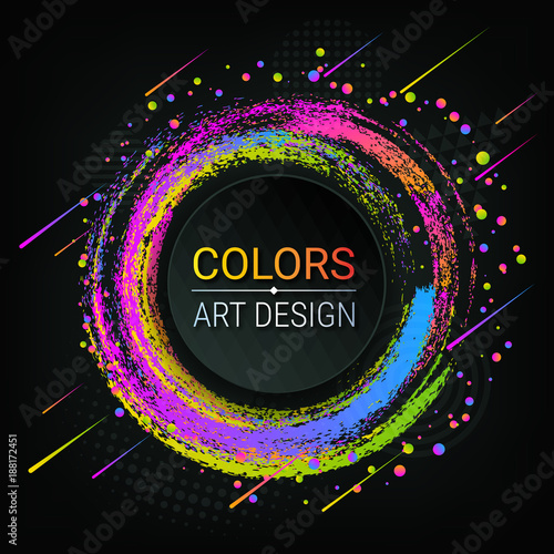 Vector colorful banner. Bright colored brush strokes. Colorful abstract circles. Grunge texture. A piece of chalk. Dark background. Modern stylish image. Template for registration of banners.